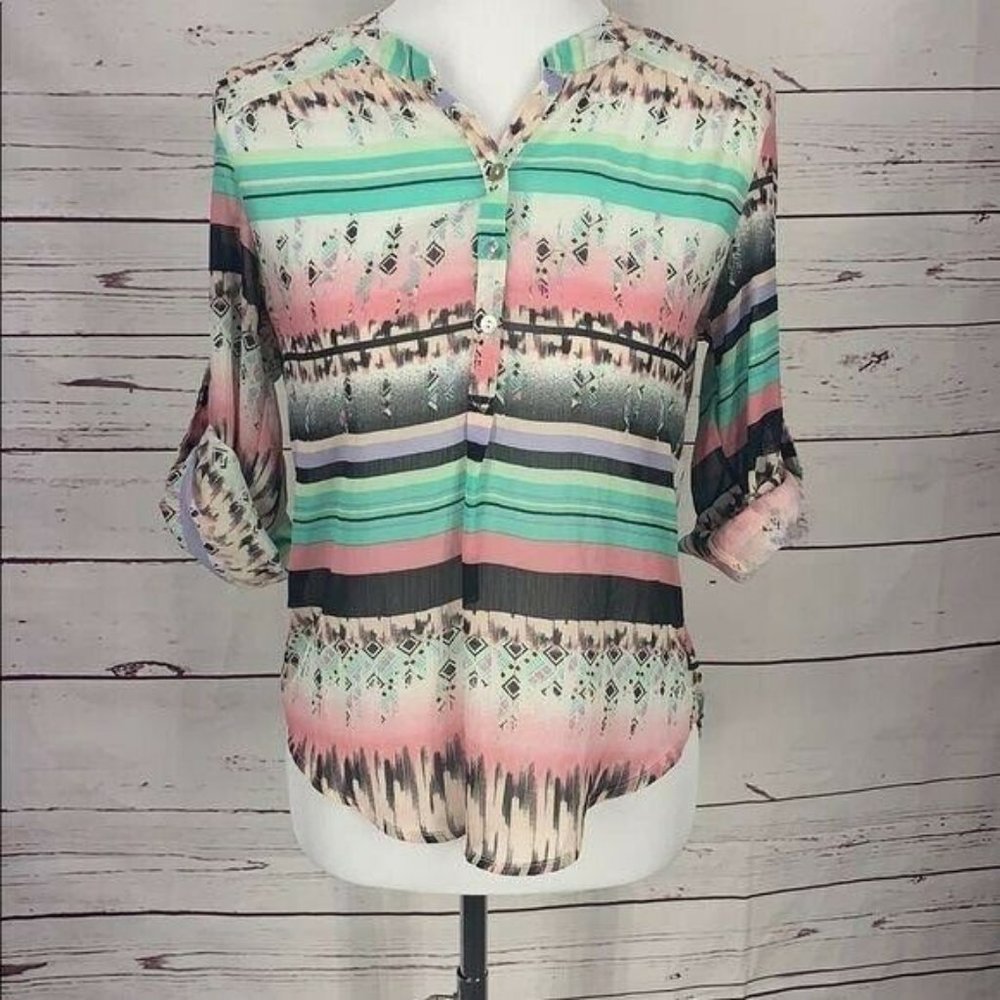 About A Girl Los Angeles Sheer Aztec Southwest Print Blouse Size Small